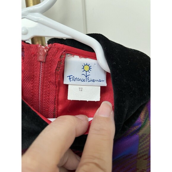 Vtg Florence Eiseman Red Plaid Dress Puff Sleeve Velvet Black Collar Waist Sz 2T - Picture 2 of 5